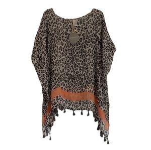 NWT Demdaco Womens Poncho Sz OS Animal Print Tassels Boho Lagenlook Linen Blend